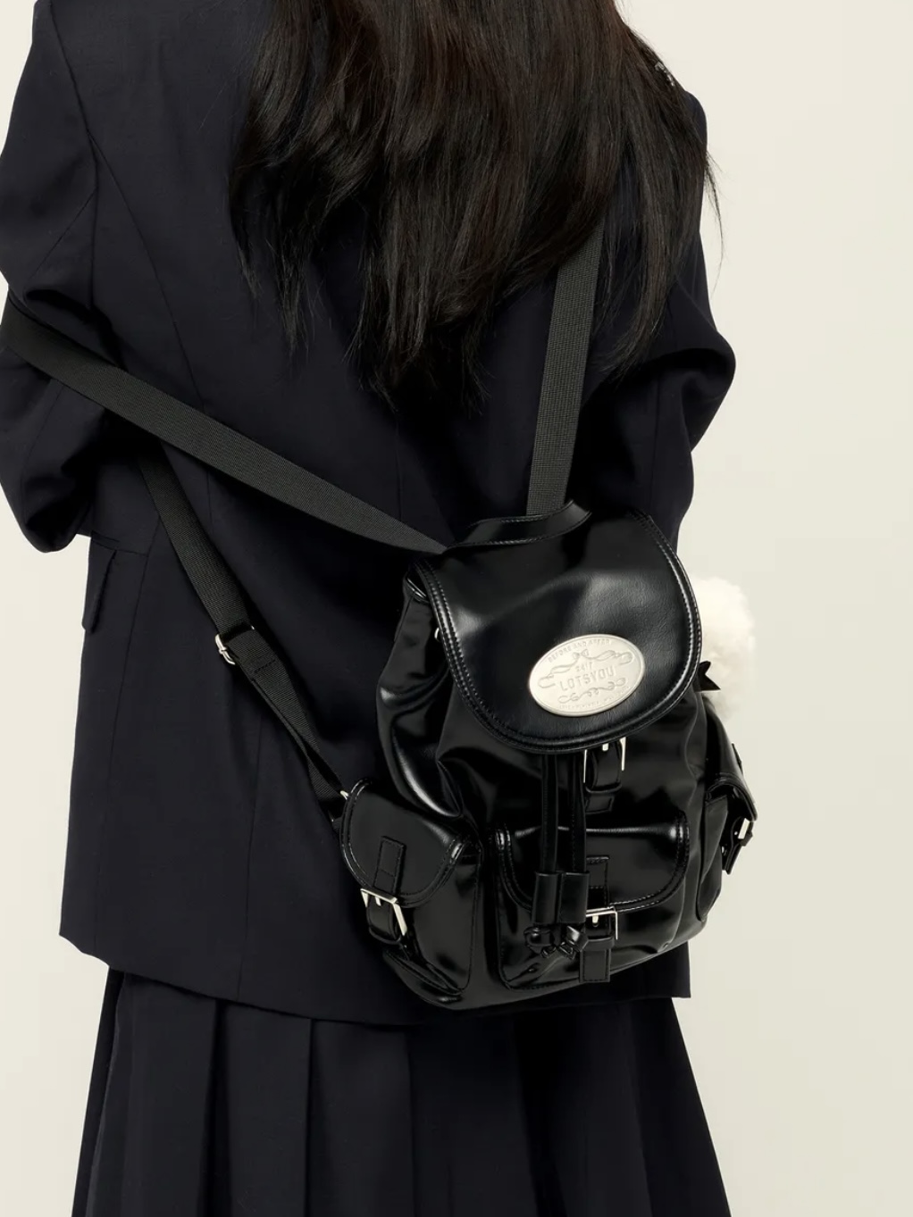 Lotsyou Nostalgia Chubby Backpack - Leather (BLACK) - 7749hk