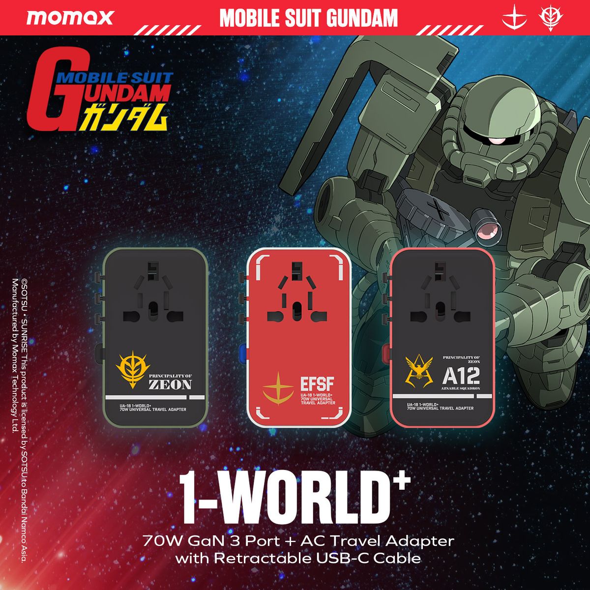 Momax x Gundam 1-World+ 70W GaN 伸縮充電線旅行插座70W快充支援超個