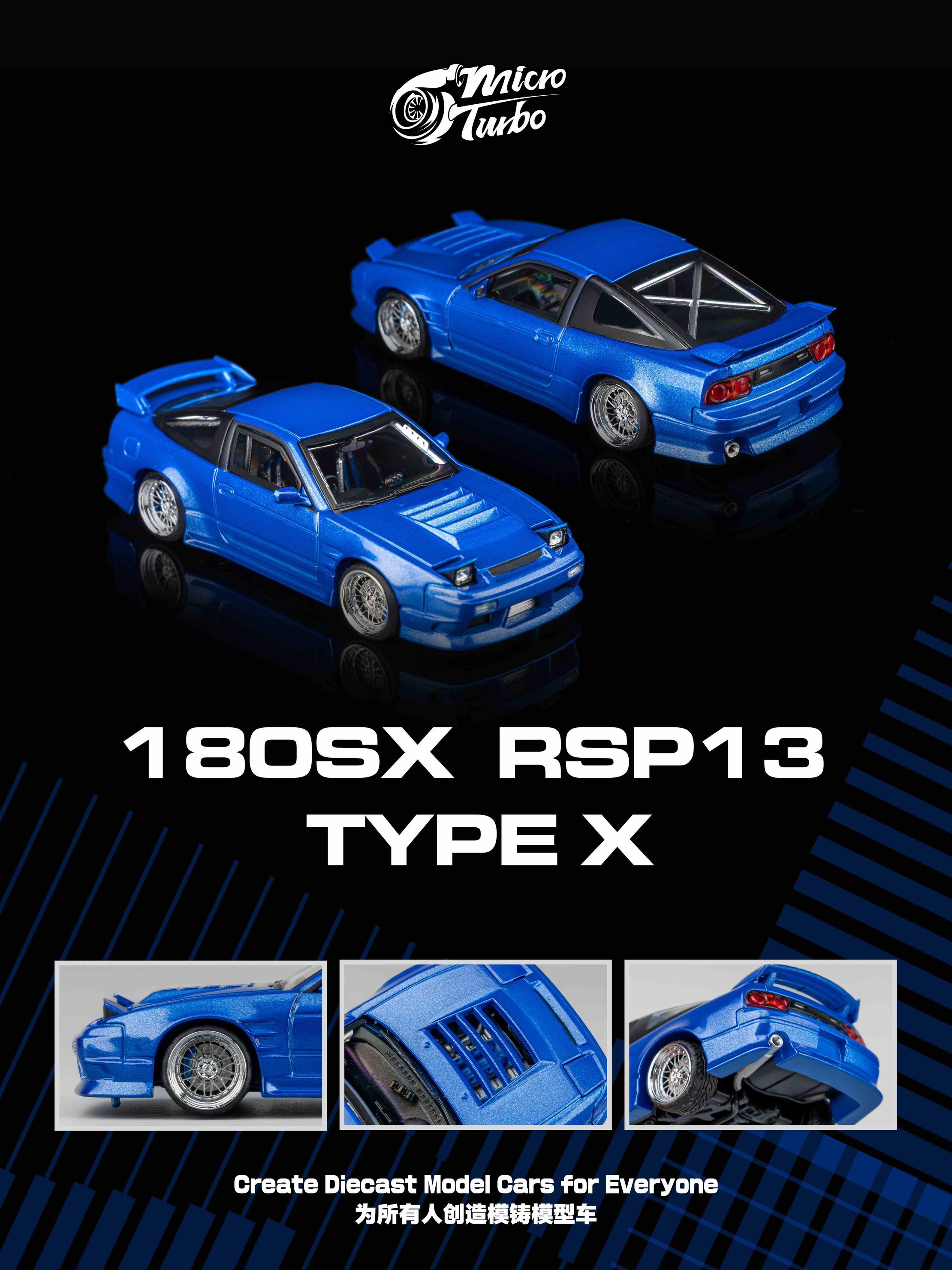 Micro Turbo 1/64 Nissan 180SX TYPE X RSP 13 Metallic Blue Diecast