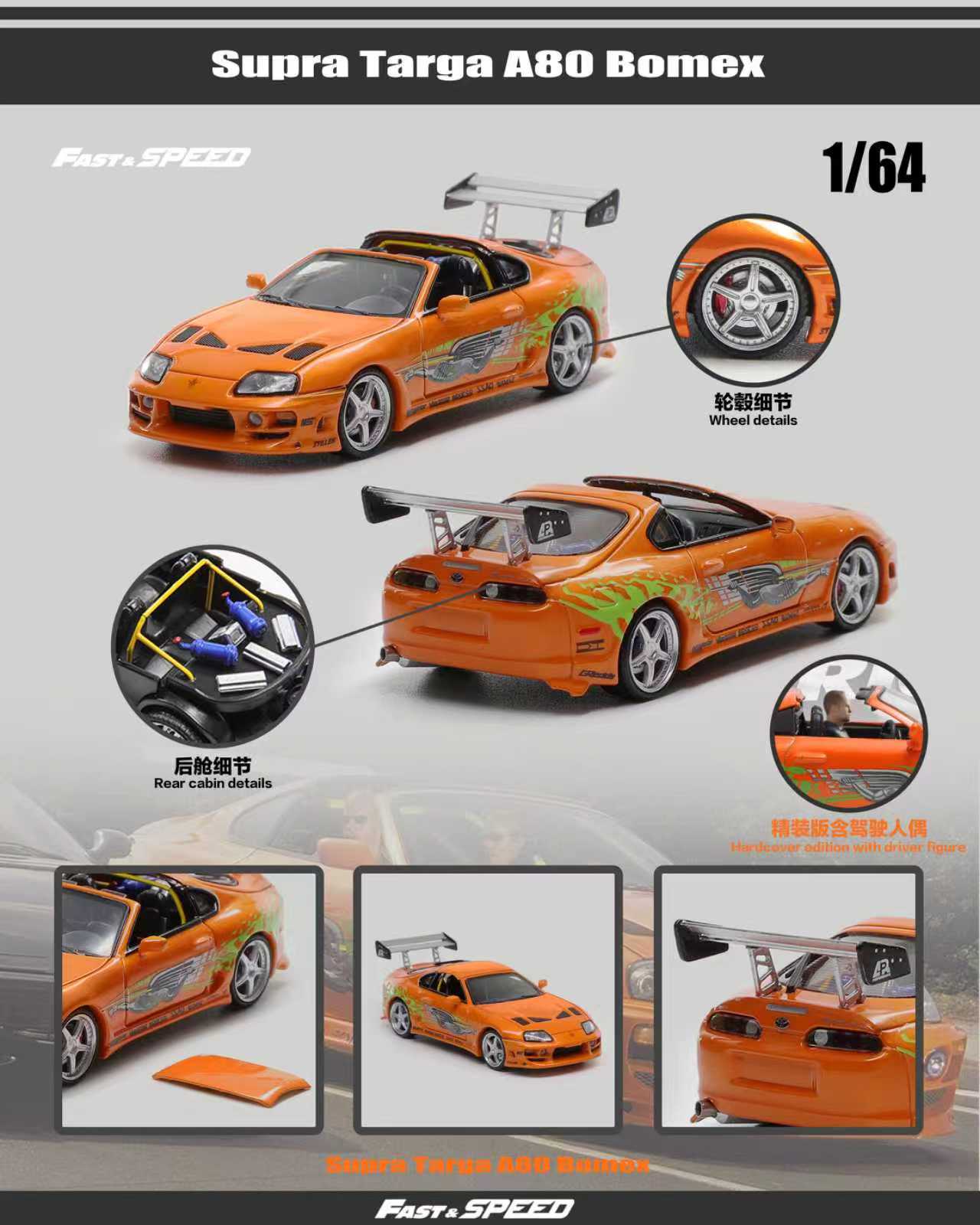汽車模型 Fast Speed 1/64 Toyota Supra Targa A80 Bomex FNF Orange Diecast