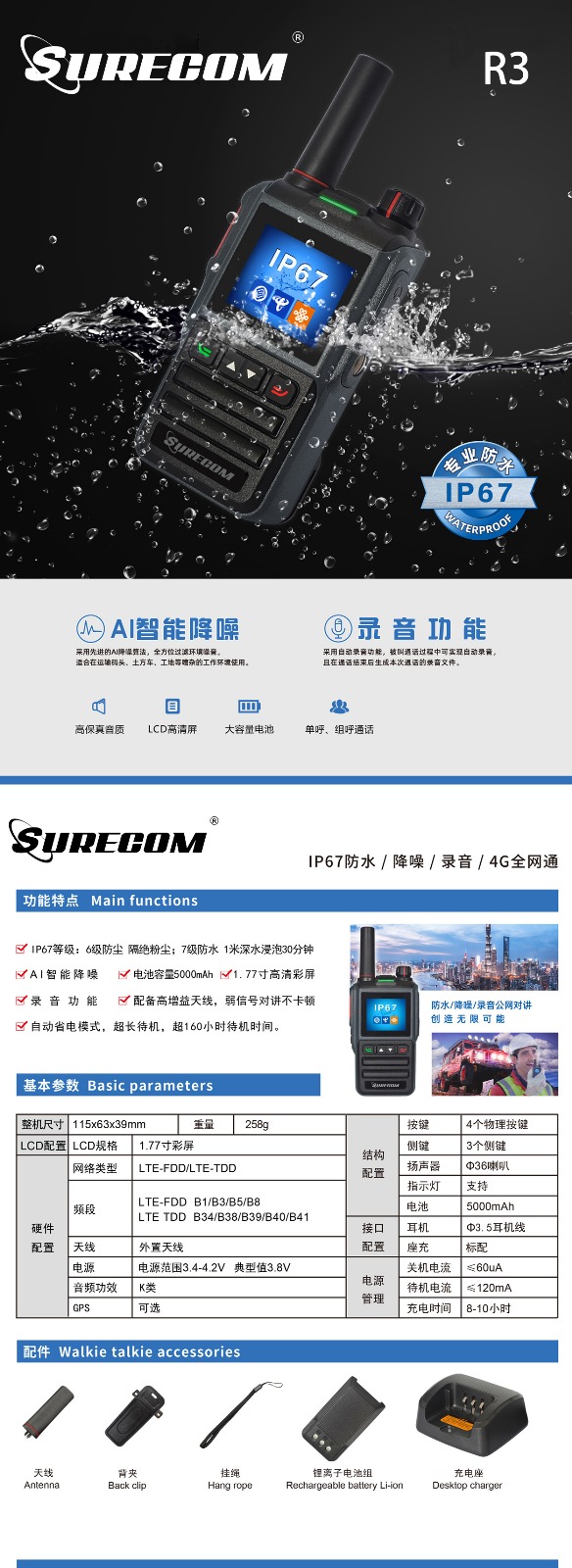 SURECOM R3 4G插卡網絡對講機IP67 防水( 覆蓋全港) 409PTT平台數據SIM