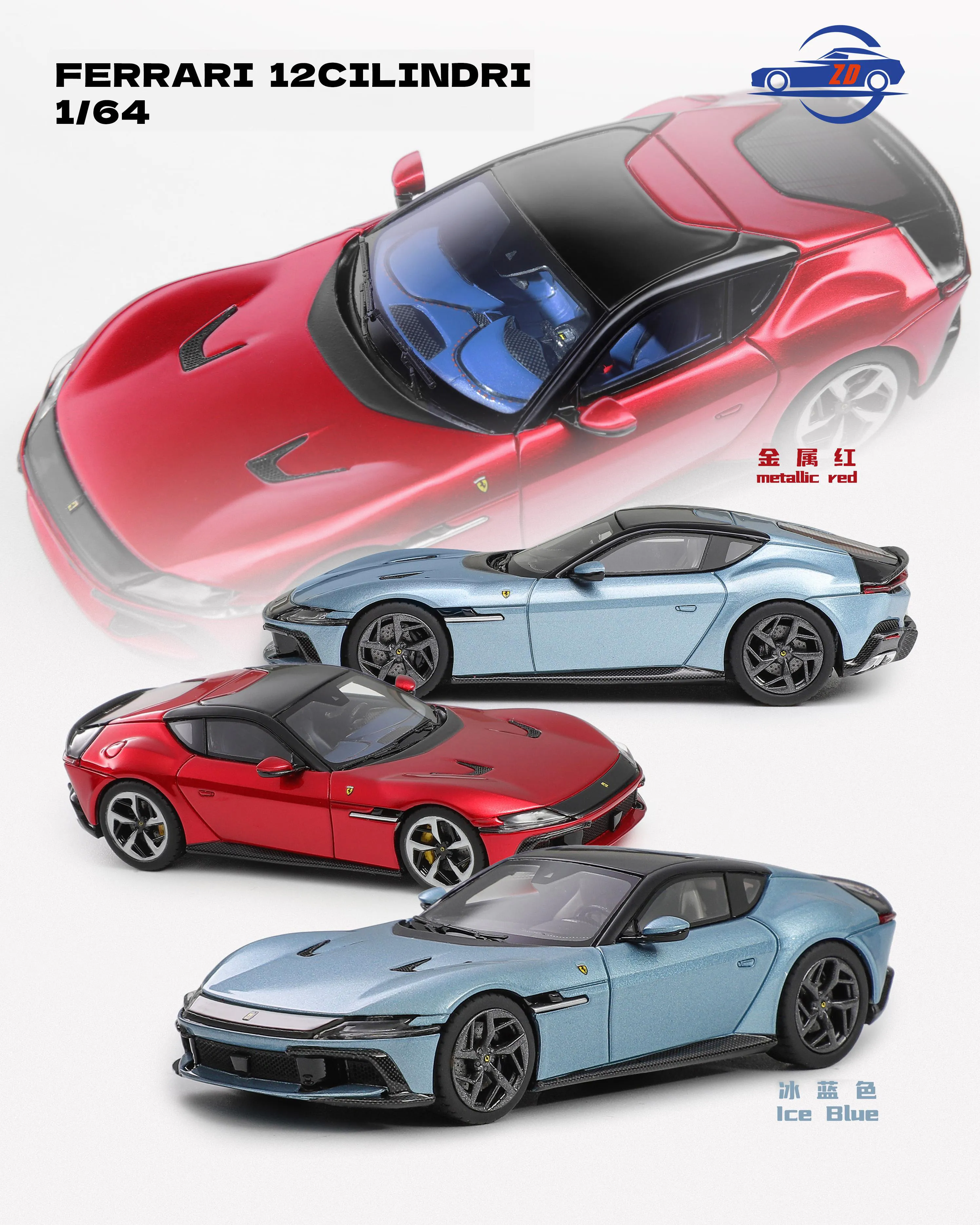 Zadie 1/64 Ferrari 12 Cilindri Resin Model (Ice Blue/Metallic Red