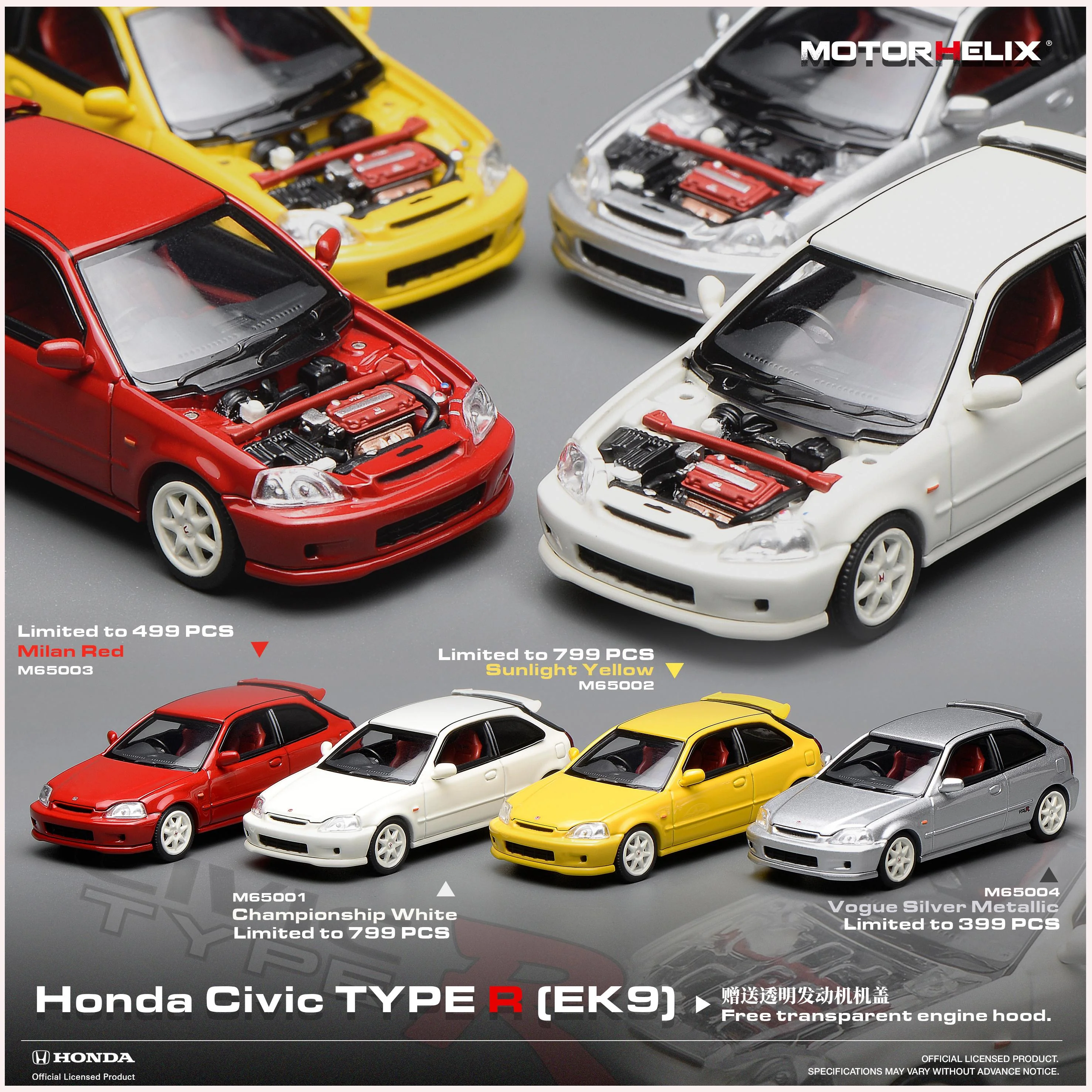汽車模型 Motorhelix 1/64 Honda Civic Type R(EK9) Diecast Model (4 Colours