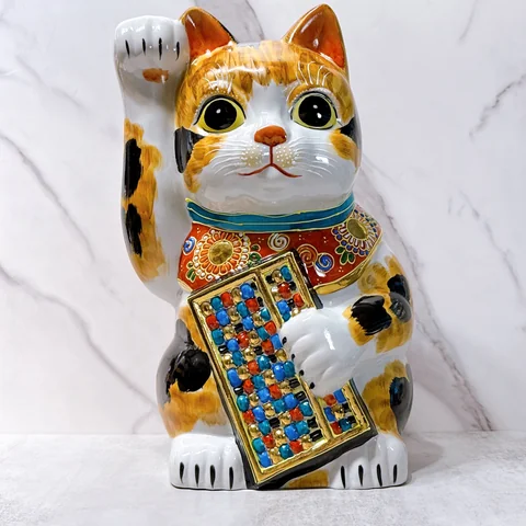 日本九谷燒招財貓長毛三毛算盤10號- ourlittlezoneluckycat