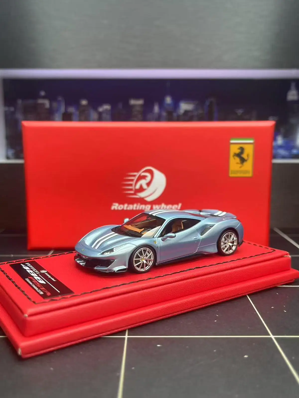 Rotating Wheel RW 1/64 Ferrari 488 Pista Ice Blue Strips Resin