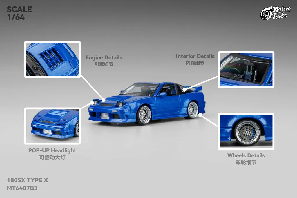 Micro Turbo 1/64 Nissan 180SX TYPE X RSP 13 Metallic Blue Diecast
